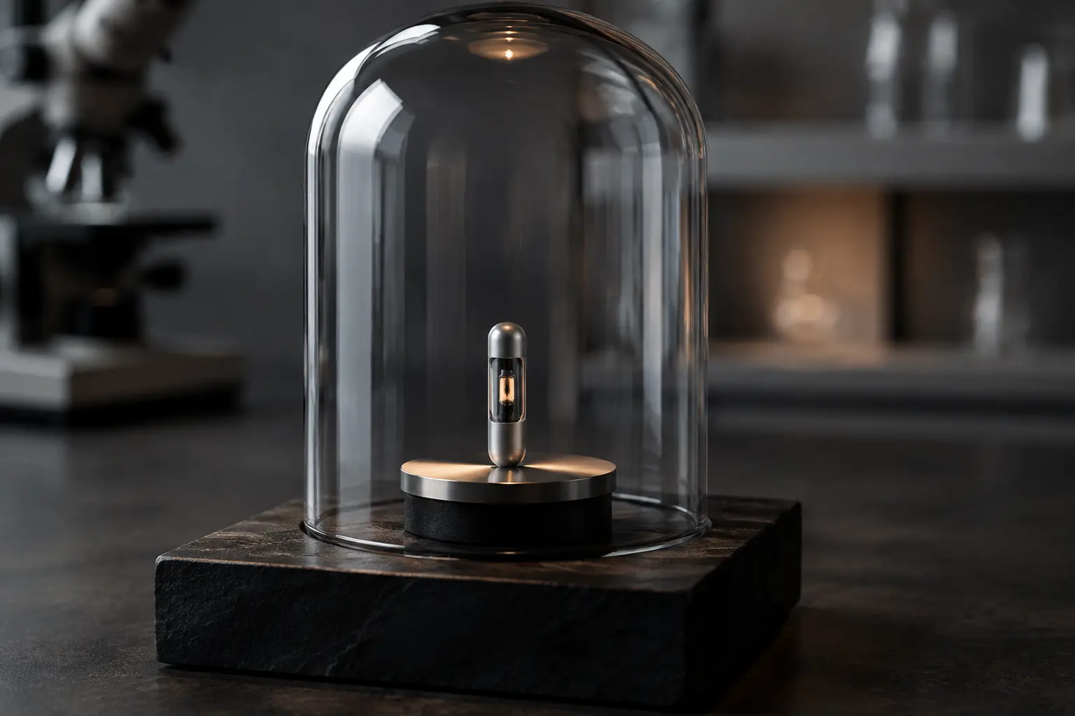 A fictional sealed capsule displayed beneath clear glass
